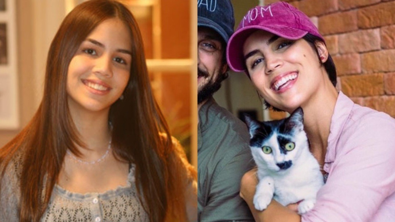 À esquerda, Pérola Faria como Gisele em Páginas da Vida; à direita, a atriz aos 30 anos, segura seu gato de estimação