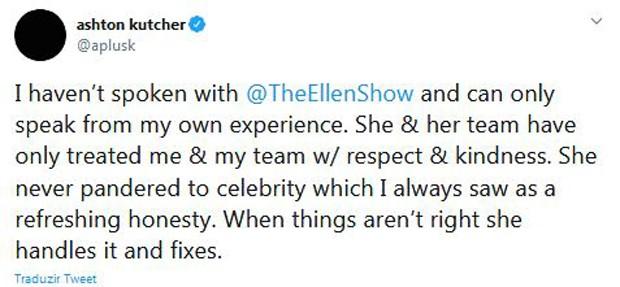 Ashton Kutcher toma partido em polêmica de Ellen DeGeneres e rebate críticas