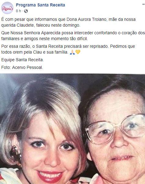Morre a mãe da apresentadora Claudete Troiano, aos 94 anos