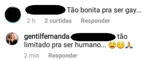 Morena, Fernanda Gentil rebate seguidor: \"Ser humano limitado\"