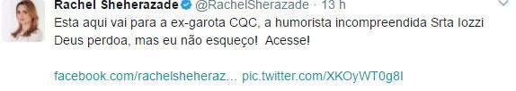 Rachel Sheherazade ataca Monica Iozzi nas redes sociais: \"prova do próprio veneno\"