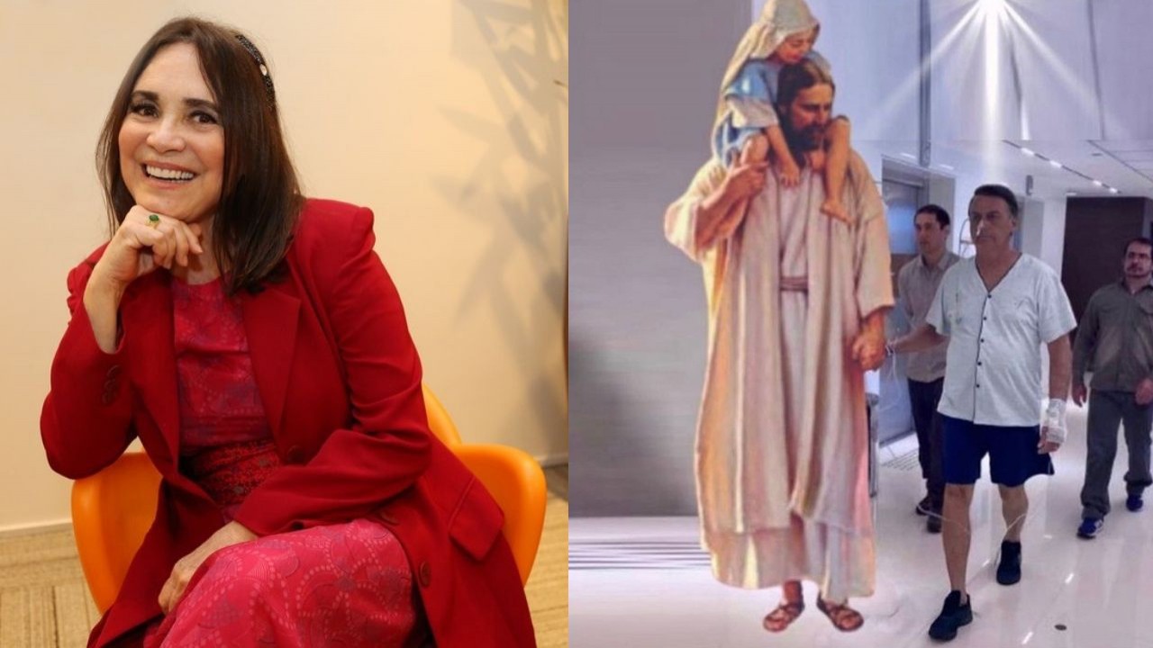Regina Duarte de roupa vermelha e uma montagem de Jair Bolsonaro de mãos dadas com Jesus