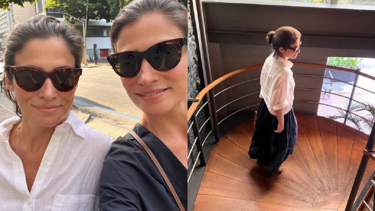 Renata Vasconcellos posa com a irmã gêmea Lanza Mazza de óculos escuros