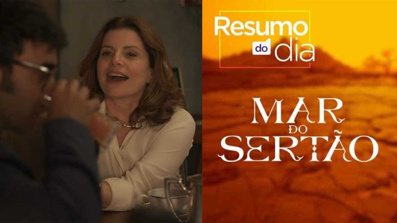 Montagem com a personagem Deodora em cena da novela Mar do Sertão