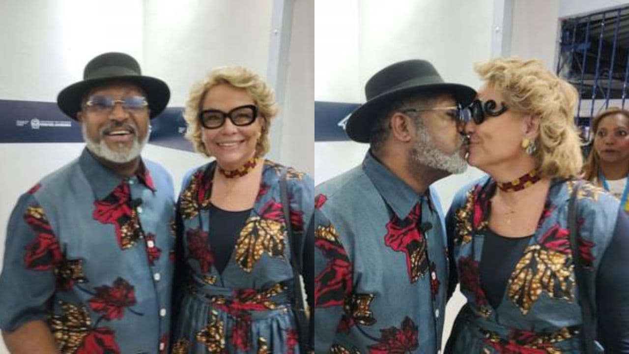 Montagem de fotos de Rogéria Bolsonaro e Jorge Mattos lado a lado e se beijando