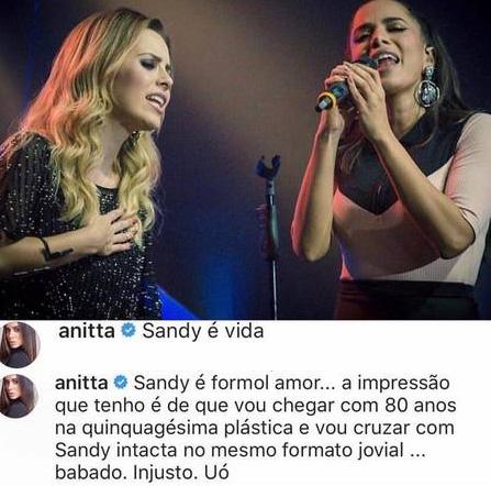 Anitta se impressiona com beleza de Sandy e brinca: \"é formol\"