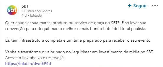 SBT anuncia na web propaganda de graça a quem fizer convenções em hotel