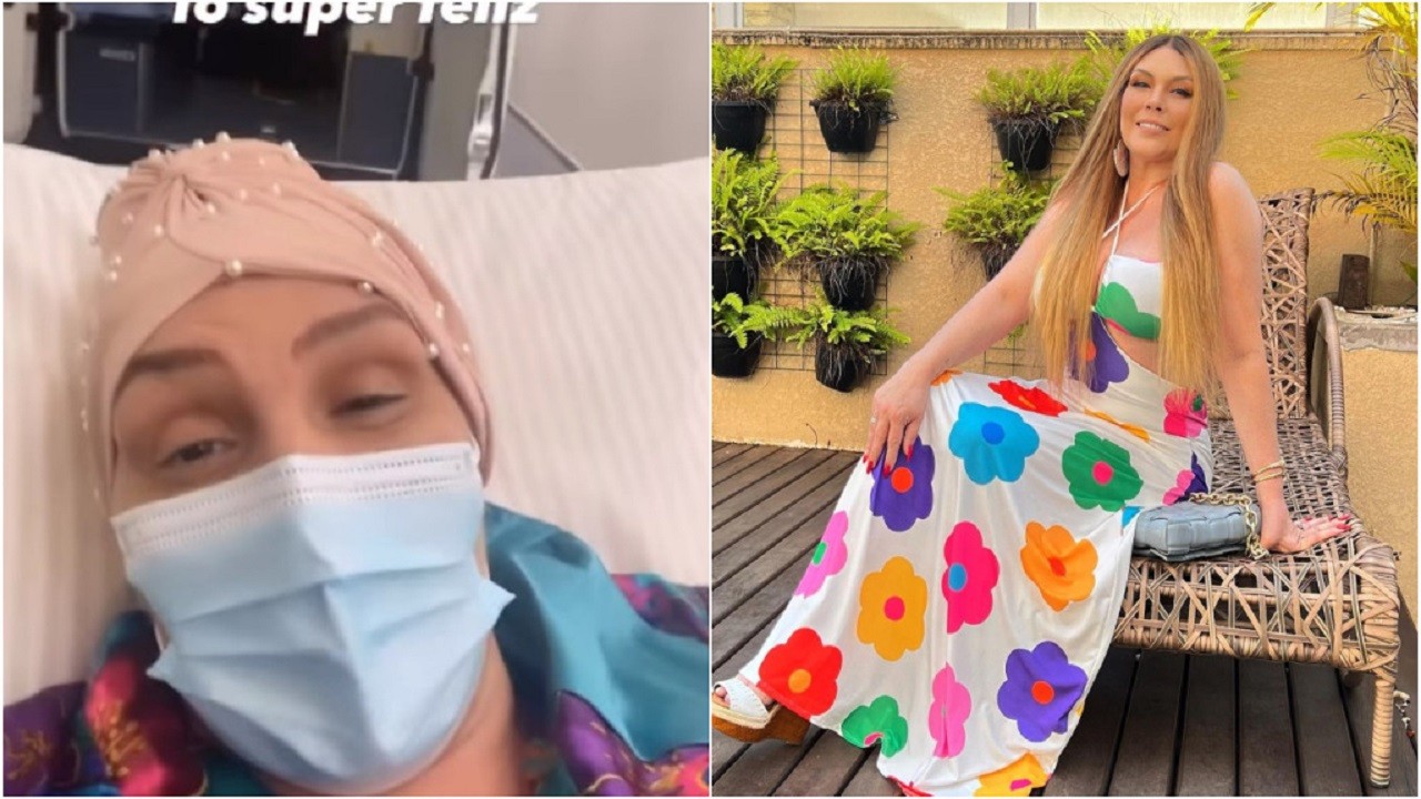 Montagem de Simony, de máscara, no hospital, e sentada, de vestido longo 