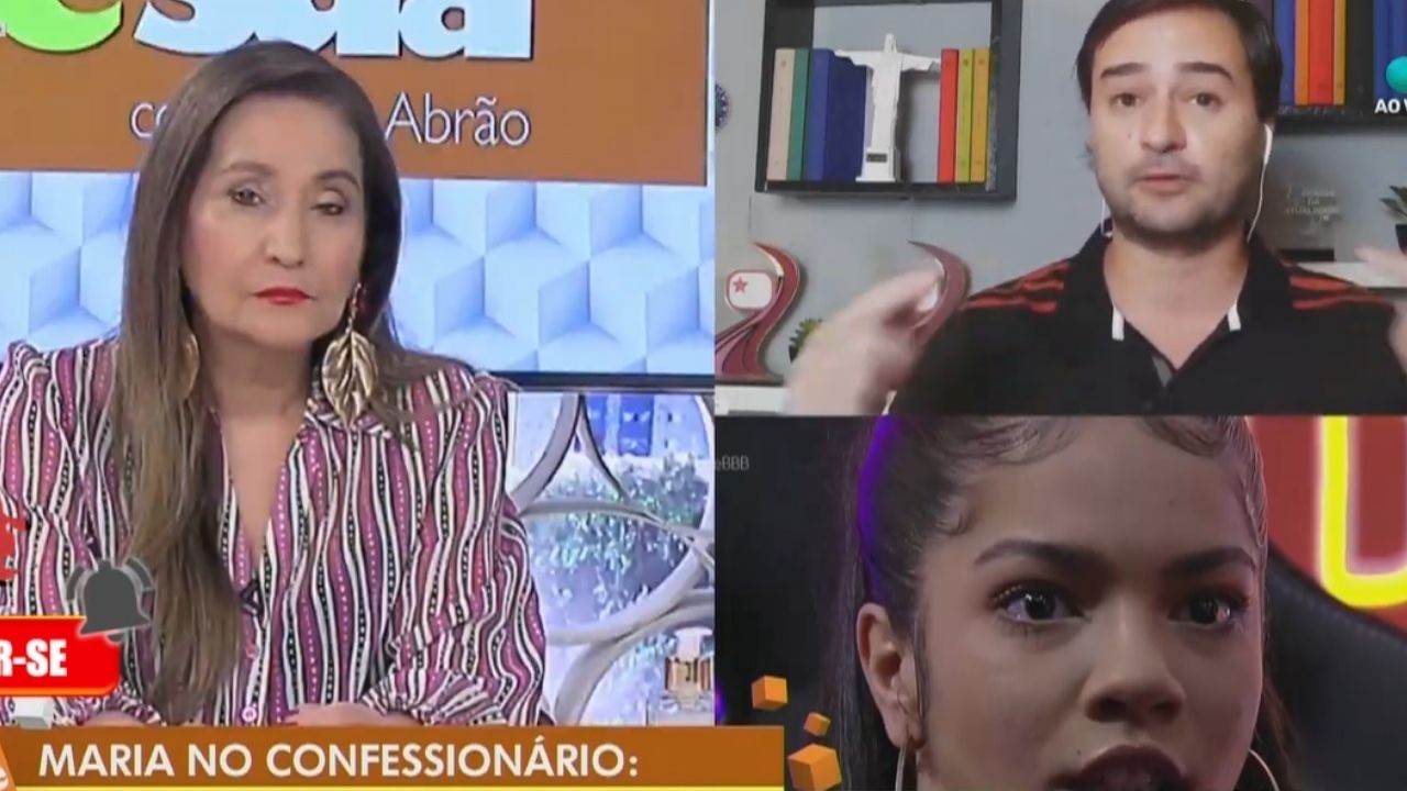Tela da RedeTV! dividida entre Sonia Abrão, Alessandro Lo-Bianco e Maria