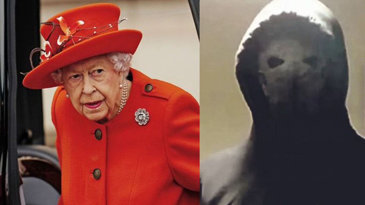 Rainha Elizabeth desconfiada; suspeito com capuz e máscara