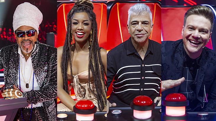 Carlinhos Brown, IZA, Lulu Santos e Michel Teló posam na cadeira do The Voice Brasil