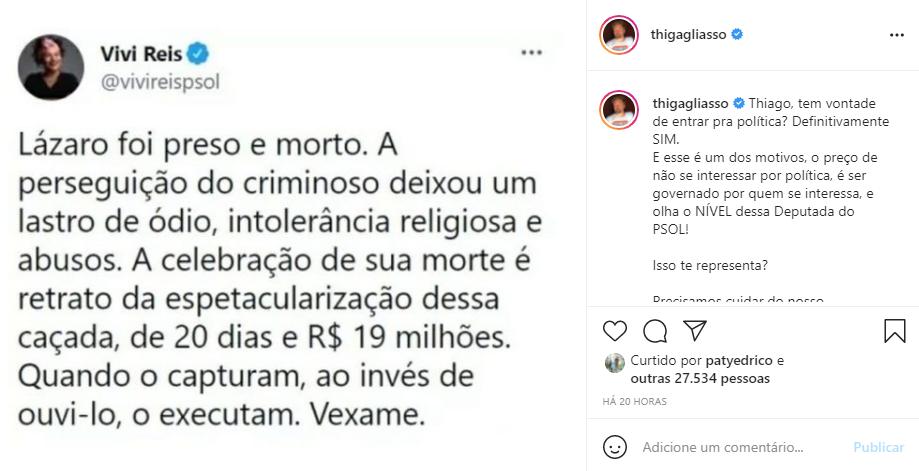 Thiago Gagliasso critica deputada do PSOL e revela que pretende entrar na politica
