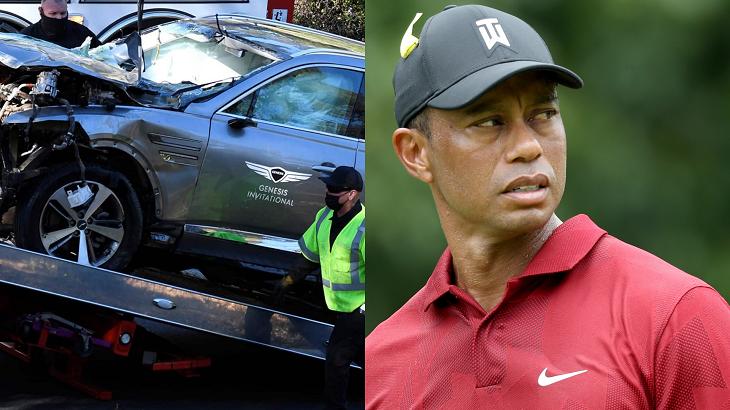 Carro de Tiger Woods quebrado (à esquerda) e Tiger Woods jogando golfe (à direita) em foto montagem