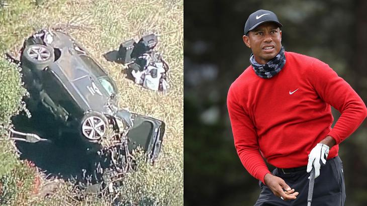 Carro capotado de Tiger Woods (à esquerda) e Tiger Woods jogando golfe (à direita) em foto montagem