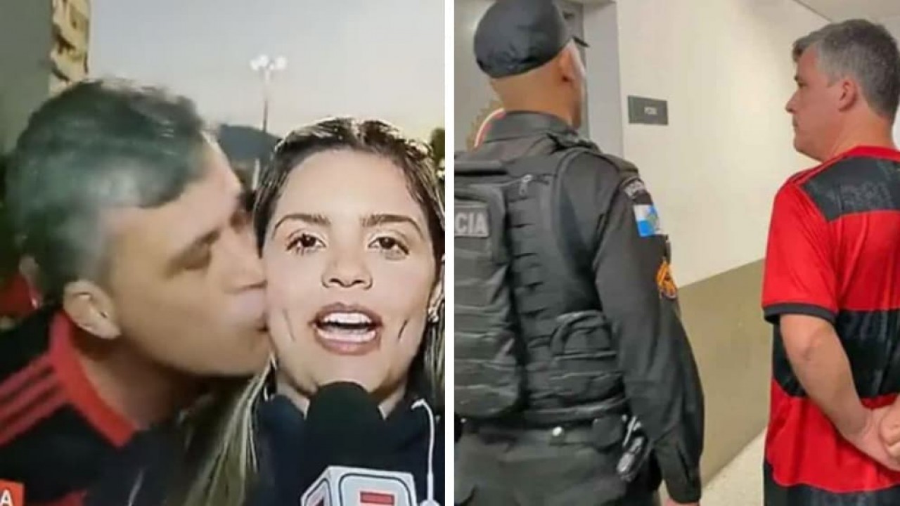Torcedor beijando repórter com microfone na mão; Torcedor na delegacia ao lado de policial