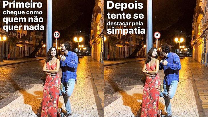 Em Olinda, Fátima Bernardes posa ao lado do namorado, que ensina como paquerar no Carnaval
