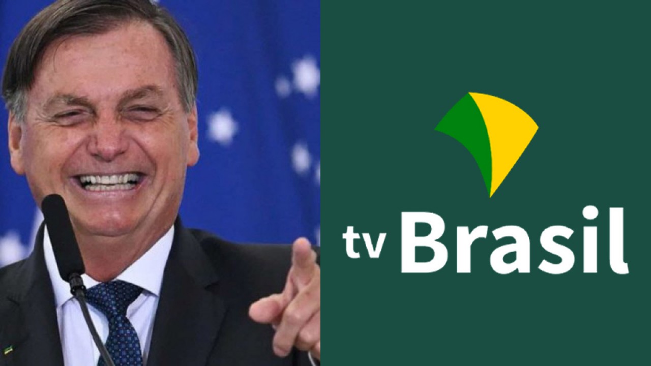 Jair Bolsonaro rindo; Logo TV Brasil