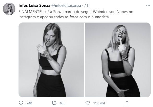 Luísa Sonza apaga fotos e deixa de seguir Whindersson Nunes no Instagram