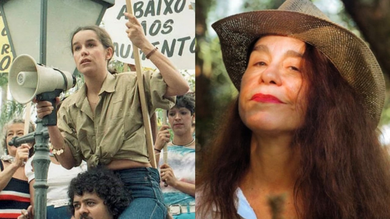 À esquerda, Lucélia Santos como a operária e líder sindical Silvana da novela Vereda Tropical; à direita, a atriz posa para foto aos 64 anos