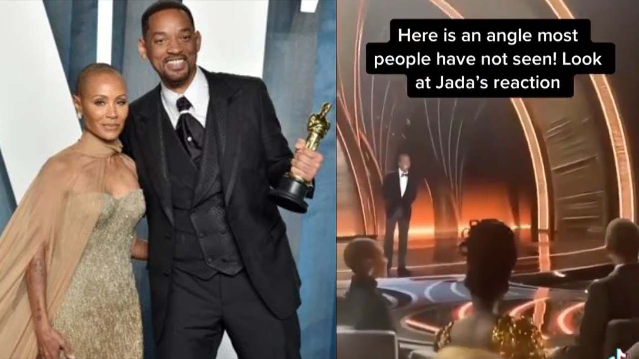 Jada e Will Smith posados abraçados, com ator segurando estatueta do Oscar; Momento em que Jada ri olhando para Will, ao fundo Chris Rock no palco