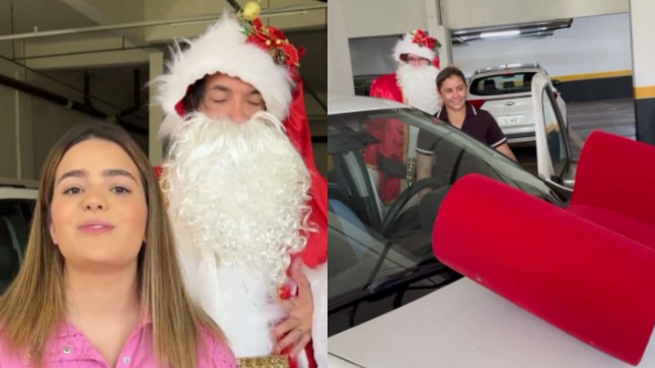 Montagem de fotos de Viih Tube falando, Eliezer de Papai Noel e funcionária com carro