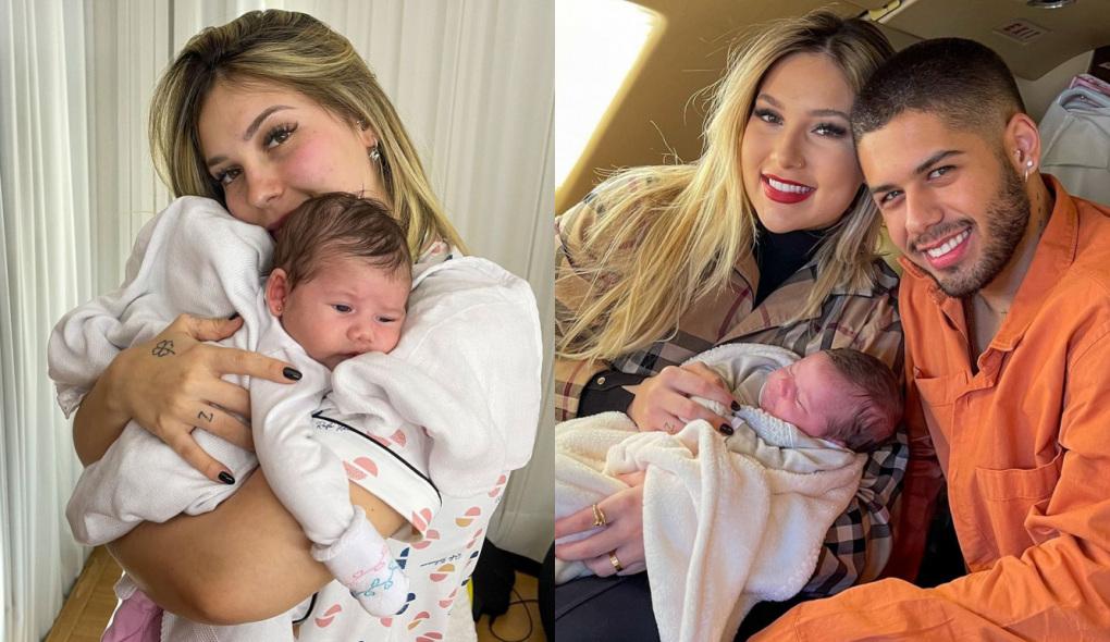 Montagem de fotos com Virgínia Fonseca segurando a filha Maria Alice e ao lado de Zé Felipe com a bebê no colo