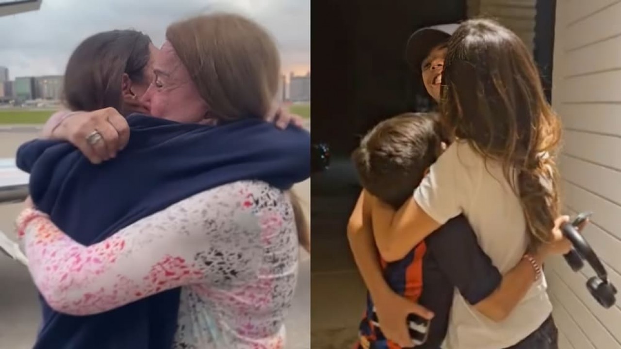 Montagem de fotos de Wanessa abraçando a mãe e os filhos