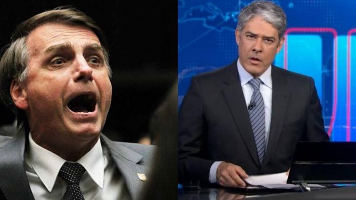 Montagem de Bolsonaro de boca aberta e Bonner apresentando Jornal Nacional