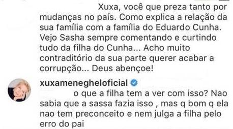 Seguidor critica Sasha por amizade com filha de Eduardo Cunha e Xuxa responde