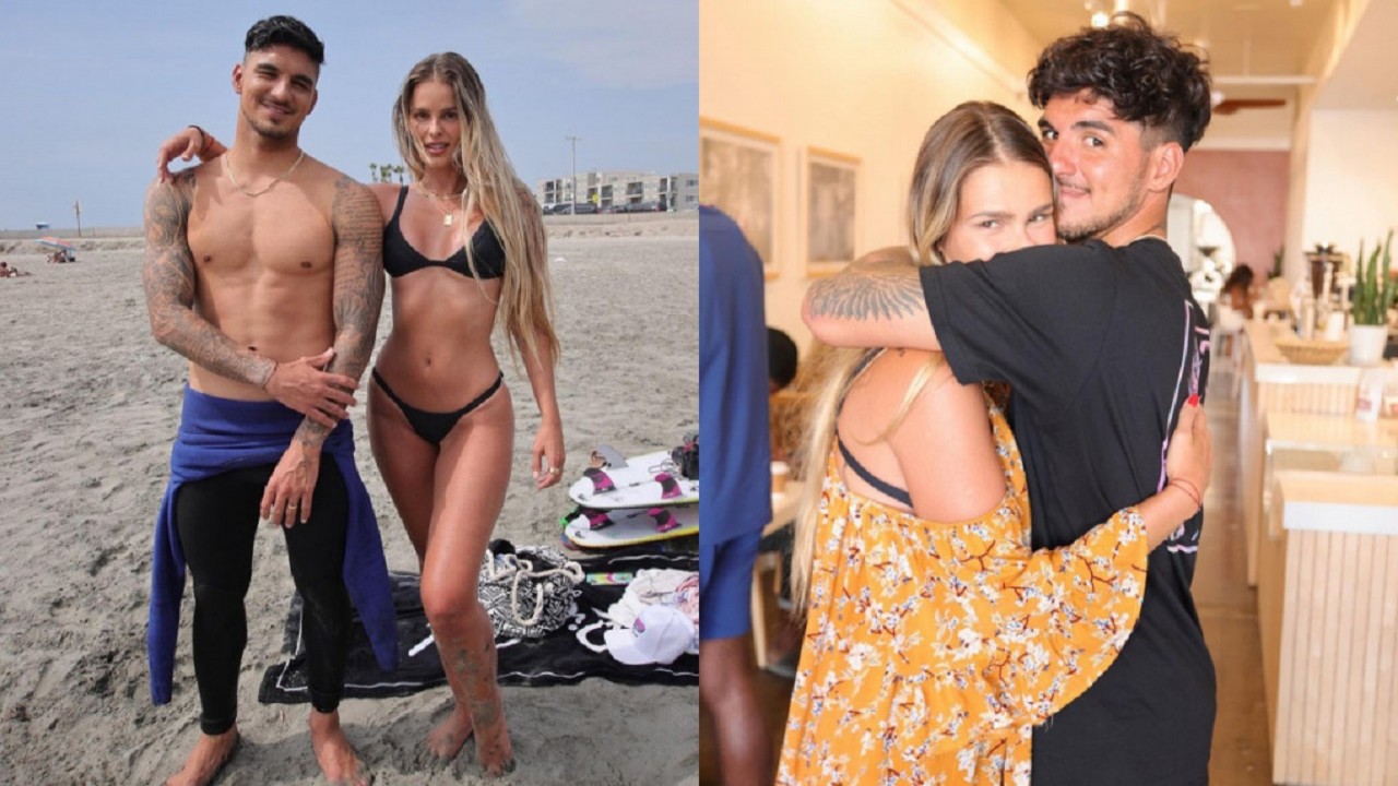 Gabriel Medina, sem camisa, ao lado de Yasmin Brunet, de biquíni preto na praia e, na outra foto, o casal aparece abraçado, olhando para a foto